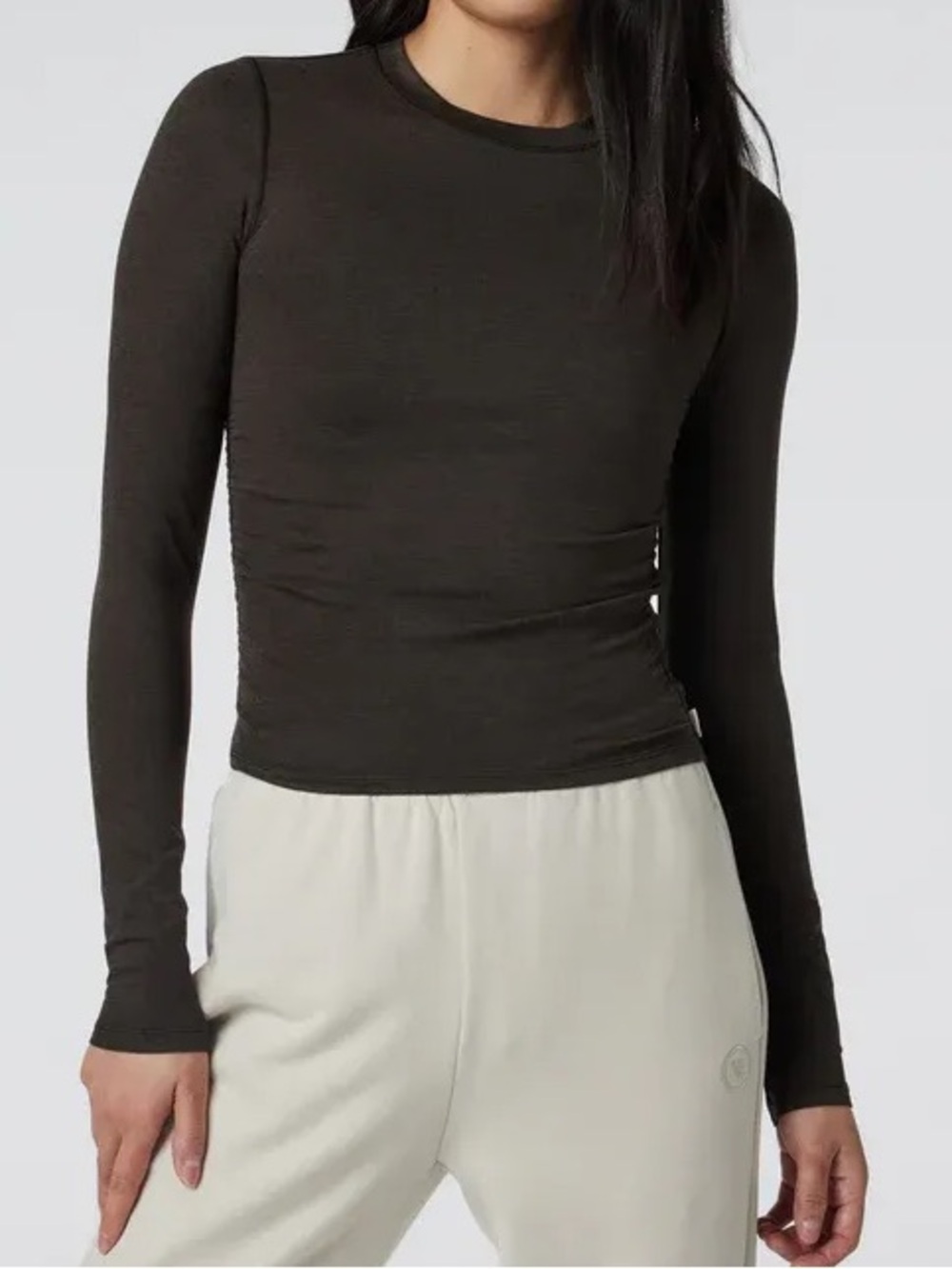 Vuori Long Sleeve Halo Ruched Tee Dark Java Heather Brown Large Crew Neck